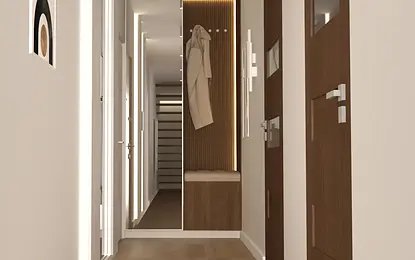 Przedpokój glamour z drewnianymi drzwiami i nowoczesnym oświetleniem.