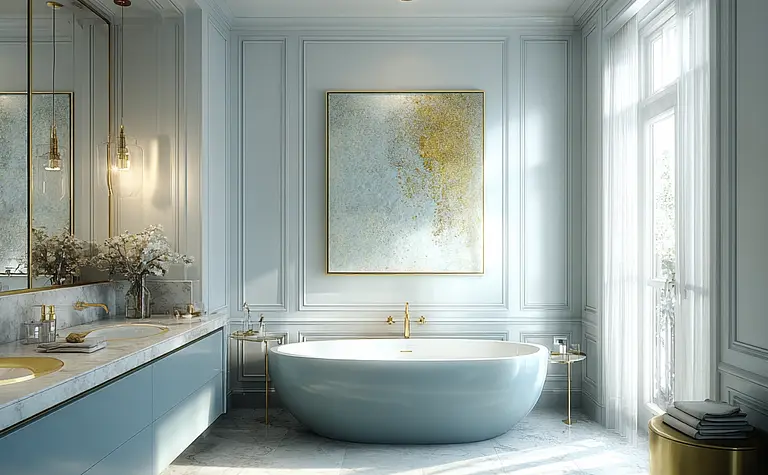 Nowoczesna łazienka z niebieską wanną i złotymi akcentami, styl quiet luxury.