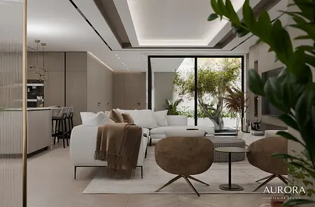 Nowoczesny salon z białą sofą, drewnianymi detalami i roślinami, styl minimaluxe.