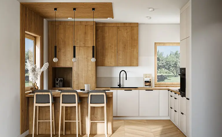 Kuchnia w stylu japandi z drewnianymi meblami i minimalistycznymi detalami.