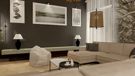 Wnętrze salonu w stylu nowoczesnym z beżową sofą, czarnymi lampami i dekoracjami.