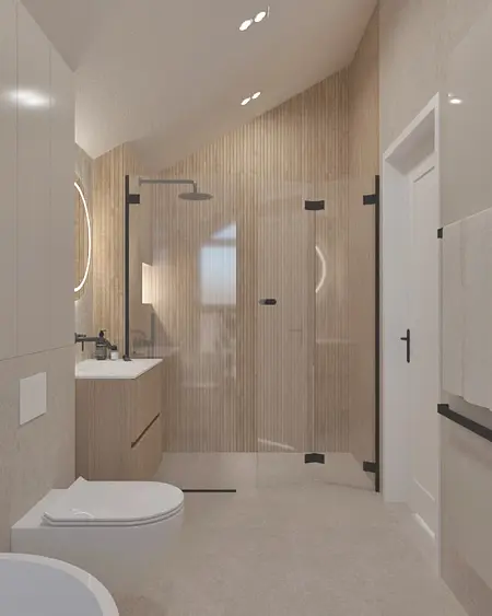 Łazienka w stylu boho i japandi z drewnianymi elementami i minimalistycznymi detalami.