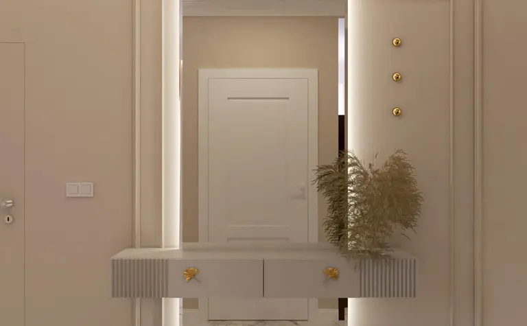 Nowoczesny korytarz z lustrem, elegancką konsolą i rośliną.