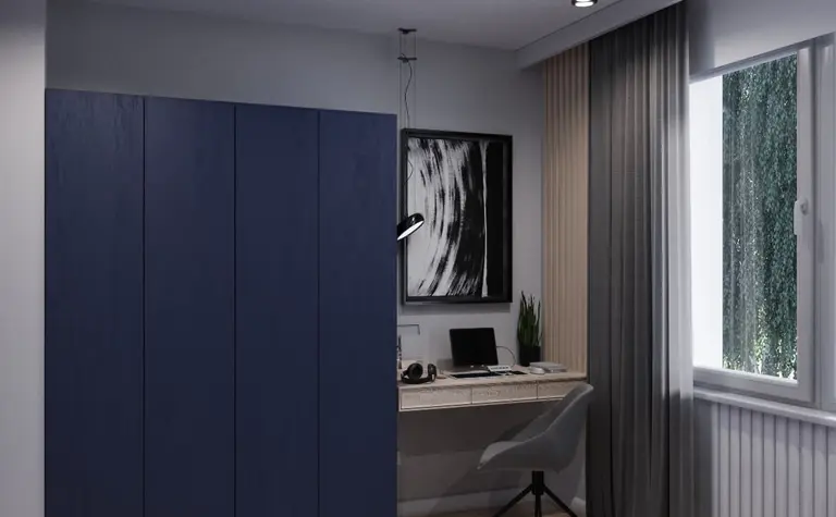 Wnętrze pokoju w stylu eklektycznym i minimalistycznym z biurkiem, szafą oraz dużym oknem.