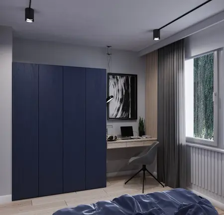 Wnętrze pokoju w stylu eklektycznym i minimalistycznym z biurkiem, szafą oraz dużym oknem.