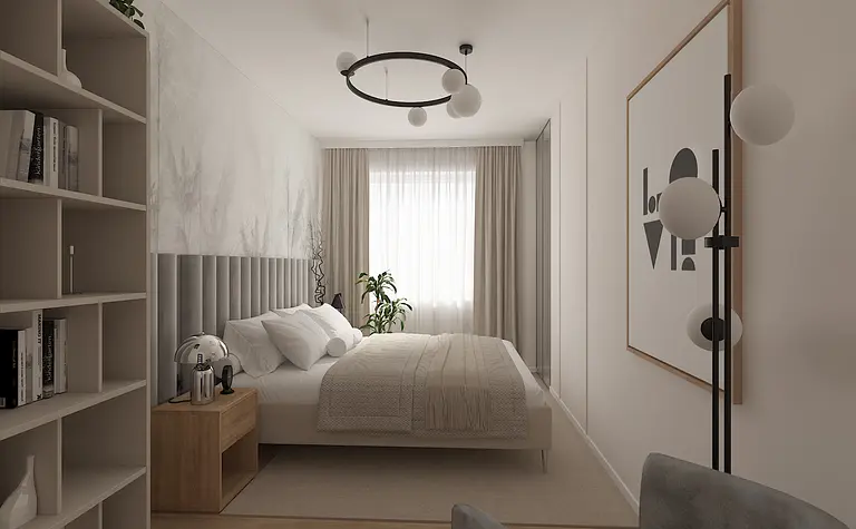 Sypialnia z jasnymi meblami, rośliną i minimalistycznym stylem