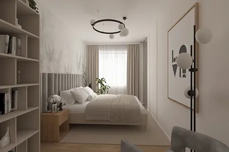 Sypialnia z jasnymi meblami, rośliną i minimalistycznym stylem