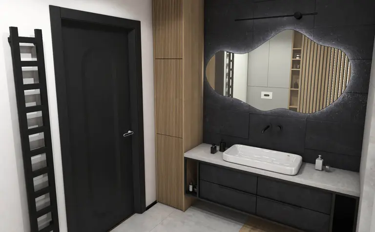 Nowoczesna łazienka w stylu industrialnym i minimalistycznym z drewnianymi detalami.
