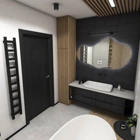 Nowoczesna łazienka w stylu industrialnym i minimalistycznym z drewnianymi detalami.