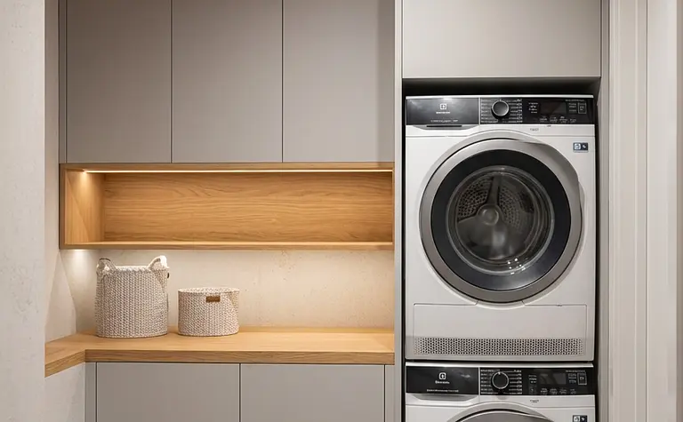 Pralnia w stylu boho i nowoczesnym z szarymi meblami, pralką i drewnianą półką.