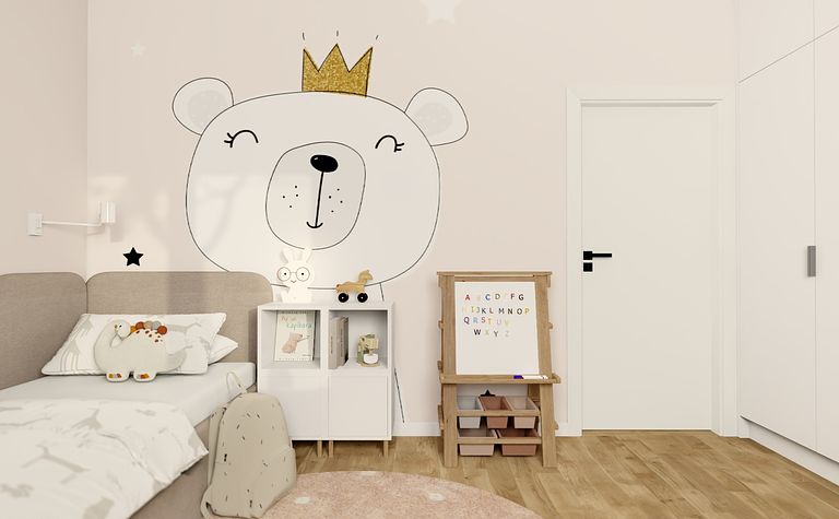 Pokój dziecięcy z muralem misia, białymi meblami i drewnianą podłogą, nowoczesny, skandynawski