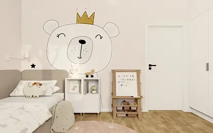 Pokój dziecięcy z muralem misia, białymi meblami i drewnianą podłogą, nowoczesny, skandynawski