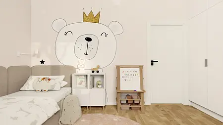 Pokój dziecięcy z muralem misia, białymi meblami i drewnianą podłogą, nowoczesny, skandynawski