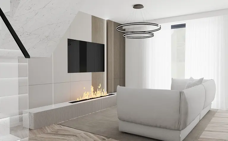 Wnętrze nowoczesnego salonu z minimalistycznym designem, białą sofą i kominkiem.
