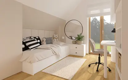 Pokój dziecięcy w stylu soft minimalizm z białym łóżkiem, poduszkami i biurkiem.