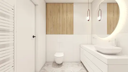Nowoczesna łazienka w skandynawskim stylu z drewnem i minimalistycznymi akcesoriami