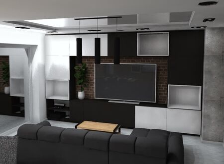 Wnętrze salonu w stylach industrialnym, japandi, minimalistycznym z czarną sofą i telewizorem.