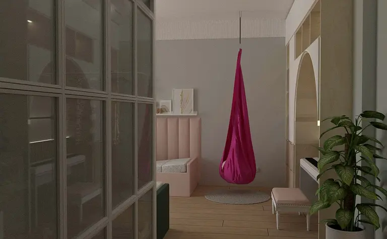 Wnętrze pokoju z hamakiem, rośliną i pastelowymi odcieniami. Styl boho i minimalistyczny.