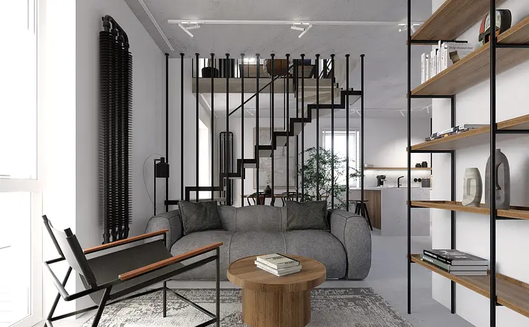 Wnętrze salonu z szarymi meblami, drewnianymi akcentami, styl industrialny i minimalistyczny.