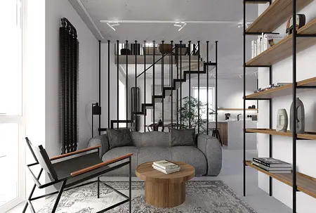 Wnętrze salonu z szarymi meblami, drewnianymi akcentami, styl industrialny i minimalistyczny.