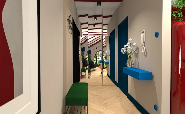 Korytarz z niebieskimi ścianami i drewnianą podłogą, styl art deco i nowoczesny.