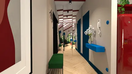Korytarz z niebieskimi ścianami i drewnianą podłogą, styl art deco i nowoczesny.