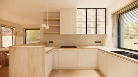 Kuchnia w stylu boho z drewnianymi i białymi meblami oraz minimalistycznymi detalami.