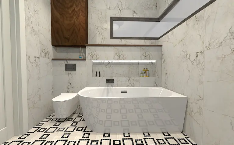 Współczesna łazienka z białą wanną i eleganckim wykończeniem.