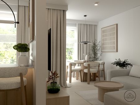 Nowoczesne wnętrze w stylu japandi z minimalistycznym wystrojem i roślinami