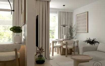 Nowoczesne wnętrze w stylu japandi z minimalistycznym wystrojem i roślinami