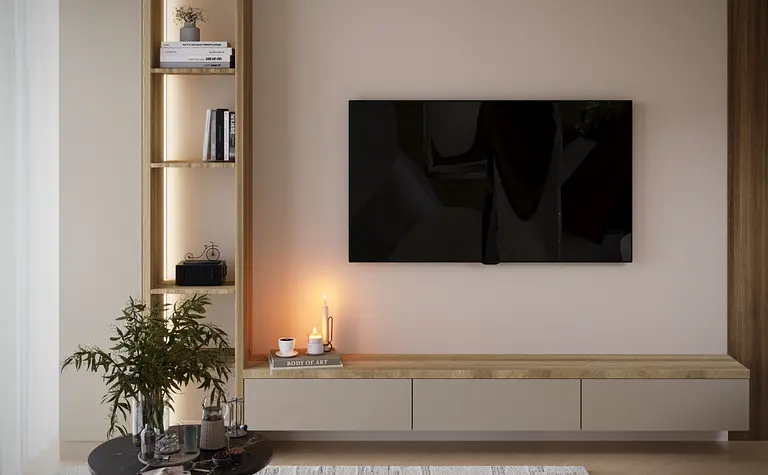 Wnętrze salonu w stylu eklektycznym i minimalistycznym z nowoczesnym oświetleniem.