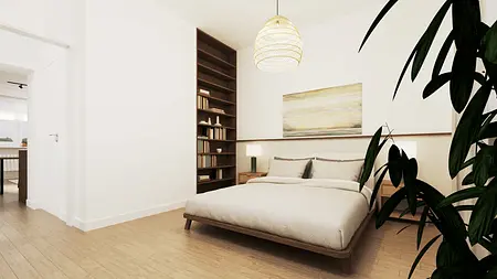 Sypialnia w stylu boho i minimalistycznym z łóżkiem oraz drewnianą półką.