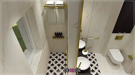 Nowoczesna łazienka w stylu art deco z białymi umywalkami i eleganckim oświetleniem.