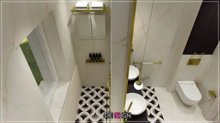 Nowoczesna łazienka w stylu art deco z białymi umywalkami i eleganckim oświetleniem.