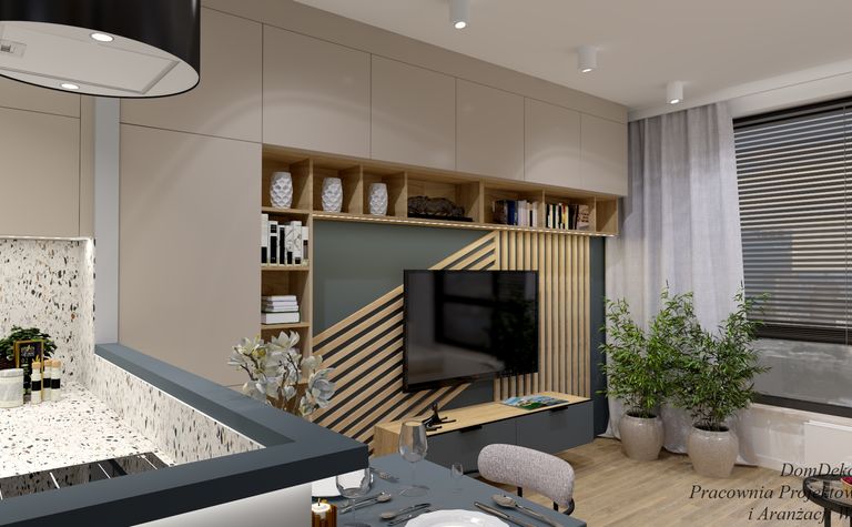 Wnętrze salonu z telewizorem, drewnianymi detalami, roślinnością i minimalistycznym wystrojem.