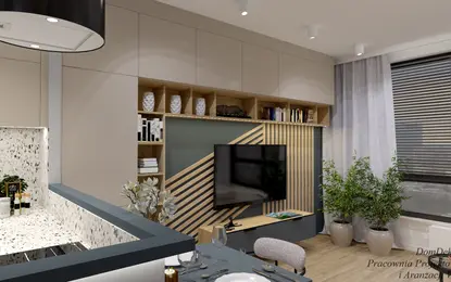 Wnętrze salonu z telewizorem, drewnianymi detalami, roślinnością i minimalistycznym wystrojem.
