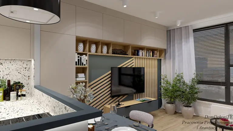 Wnętrze salonu z telewizorem, drewnianymi detalami, roślinnością i minimalistycznym wystrojem.