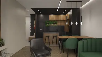 Wnętrze kuchni z drewnianymi meblami i zielonymi akcentami, nowoczesny design.