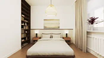 Sypialnia w stylu boho i minimalistycznym z jasnym łóżkiem i regałem.