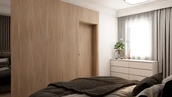 Wnętrze sypialni z drewnianą ścianą, białymi meblami i roślinami.