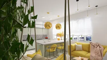 Wnętrze kuchni w stylu eklektycznym i minimalistycznym z żółtymi akcentami.