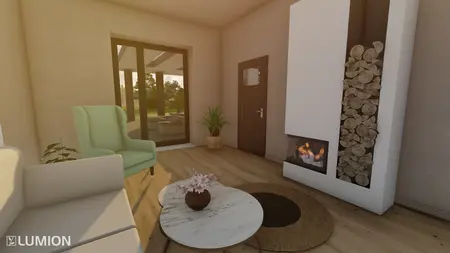 Wnętrze z zielonym fotelem, kominkiem i drewnianą podłogą, nowoczesny projekt.