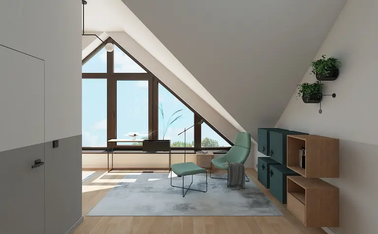Wnętrze poddasza w stylu boho i minimalistycznym z zielonymi meblami.