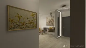 Eklektyczne wnętrze z minimalistycznym fotelem i współczesnymi obrazami.