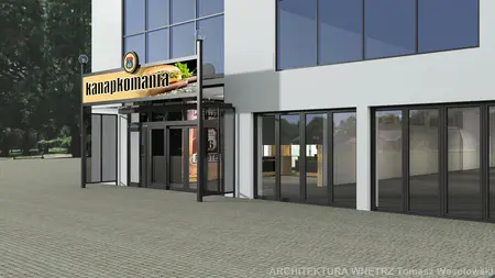 Fasada lokalu gastronomicznego z dużymi oknami i szyldem