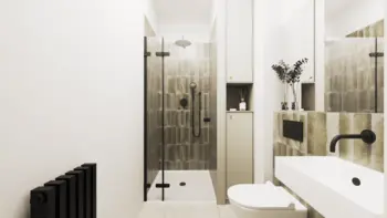 Nowoczesna łazienka w stylu boho i minimalistycznym z prysznicem.