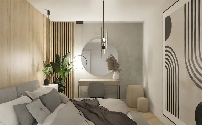 Sypialnia z drewnianą ścianą, okrągłym lustrem i minimalistycznymi meblami w stylu industrialnym.