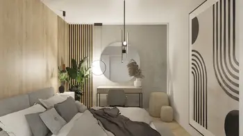 Sypialnia z drewnianą ścianą, okrągłym lustrem i minimalistycznymi meblami w stylu industrialnym.