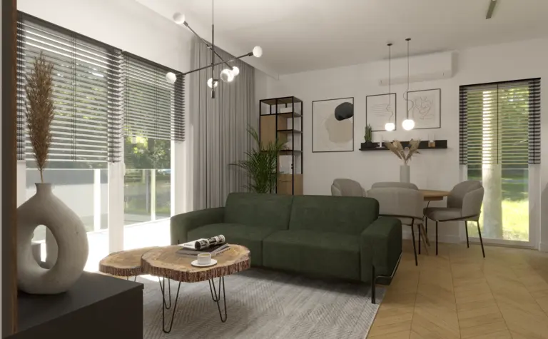 Wnętrze z zieloną sofą, drewnianym stolikiem i roślinami w stylu industrialnym i minimalistycznym.