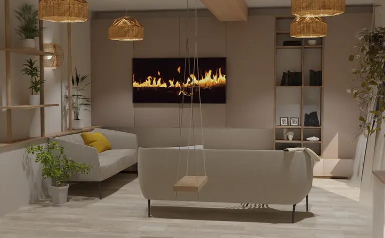 Wnętrze salonu w stylu boho z jasnymi meblami i roślinami.